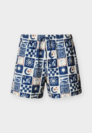 Pantaloncini con motivo blu e bianco decorati con sole, luna, pesce, palma e stelle, con coulisse frontale in vita.