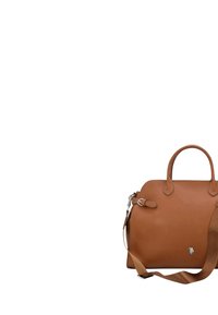 Borsa a tracolla in pelle marrone con doppi manici, una tracolla removibile, finitura testurizzata e un piccolo logo in evidenza sul davanti.