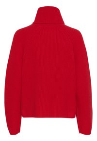 Czerwony sweter z dzianiny z wysokim prążkowanym kołnierzem, obniżonymi szwami na ramionach i luźnym krojem. Teksturowany materiał o gładkim wykończeniu.