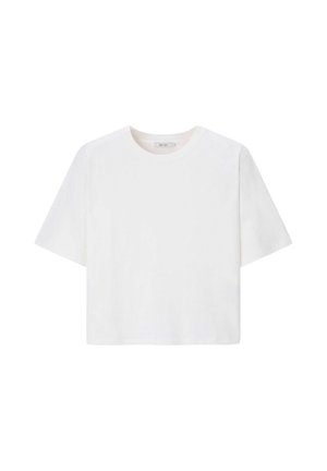 T-shirt blanc uni à manches courtes avec col rond, présenté sur fond blanc.