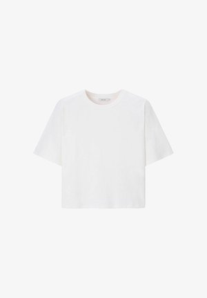 T-shirt blanc uni à manches courtes avec col rond, présenté sur fond blanc.