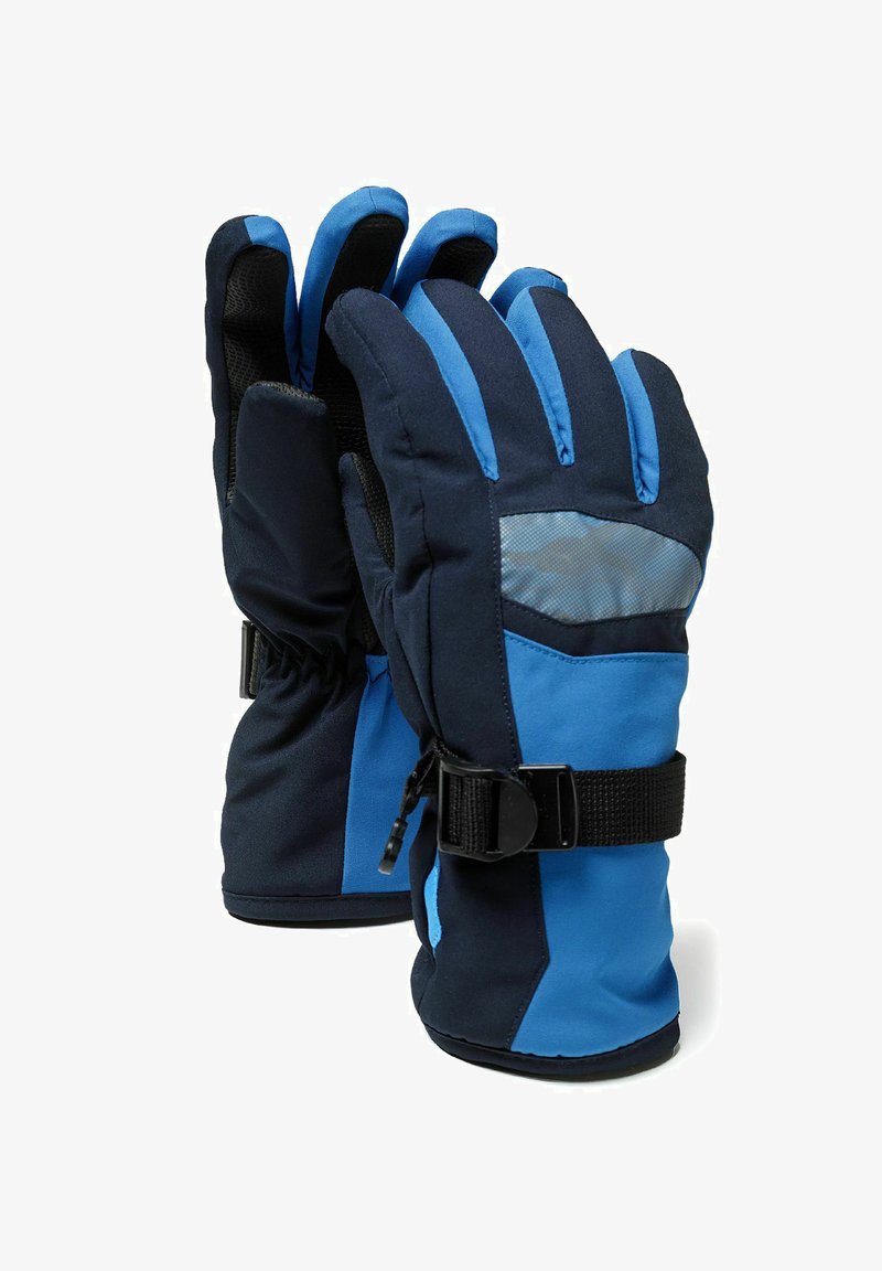 Vodoodporne rokavice z mornarsko modrim in modrim dizajnom, ki imajo teksturirano oprijemalo, nastavljiv zapestni trak in oblazinjeno izolacijo za toploto.