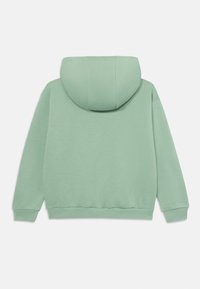Felpa verde menta con una texture morbida, dotata di un grande cappuccio e polsini a costine. Il design è semplice e informale, senza grafiche visibili.