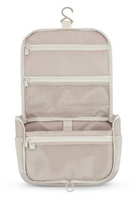 Borsa da toilette beige da appendere con più scomparti con cerniera e in rete, e un gancio in alto per un facile appendimento.