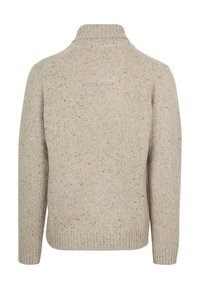 Beige gebreide trui met een hoge kraag, voorzien van een gestructureerde afwerking en gespikkelde patronen. Geribbelde manchetten en zoom. Standaard pasvorm.