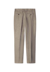 Beige trousers made from linen blend fabric, featuring a straight cut, two front pockets, and two back pockets with button closures.