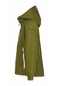 Olivenfarvet softshell-jakke med hætte, elastiske manchetter, sidelomme med lynlås i pink, og "Icepeak" logo på ærmet og brystet.