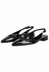 Chaussures plates à lanières slingback en cuir verni noir avec bouts pointus, petite boucle dorée sur les brides de cheville et bande décorative sur le devant.