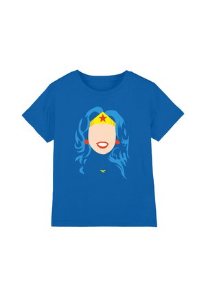 Blue short-sleeve t-shirt with graphic of faceless woman wearing yellow star headband, red earrings, red lipstick, and blue wavy hair.