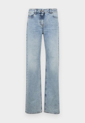 Svetlo modré džíny z denimu s vysokým pásom, širokým strihom, piatimi vreckami a šitím pozdĺž švov a pásu.