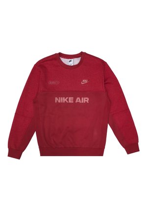 Rotes Nike Air Crewneck-Sweatshirt mit langen Ärmeln, gerippten Bündchen und gedruckten Logos auf der Brust und der oberen linken Seite.