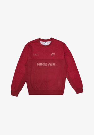 Rotes Nike Air Crewneck-Sweatshirt mit langen Ärmeln, gerippten Bündchen und gedruckten Logos auf der Brust und der oberen linken Seite.