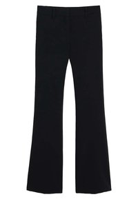 Pantalons évasés noirs avec une texture de tissu lisse, poches avant et taille standard, présentant une coupe ajustée et un design à jambe droite.