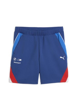 Niebieskie spodenki BMW Motorsport z elastycznym pasem, bocznymi kieszeniami, czerwono-białymi akcentami kolorystycznymi oraz białym logo Puma na prawej nogawce.