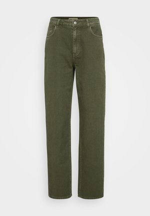 Olive green denim jeans with a high waist, straight leg design, five pockets, and a metal button closure. Smooth texture, casual style.