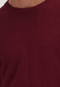 Bordeaux gebreide trui met een ronde halsuitsnijding, voorzien van een zachte textuur en subtiele merkaanduiding aan de zijkant.
