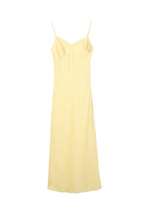 Svijetložuta slip haljina s tankim špageti trakama i suptilnim V-izrezom, duga do poda, glatke, lepršave teksture.