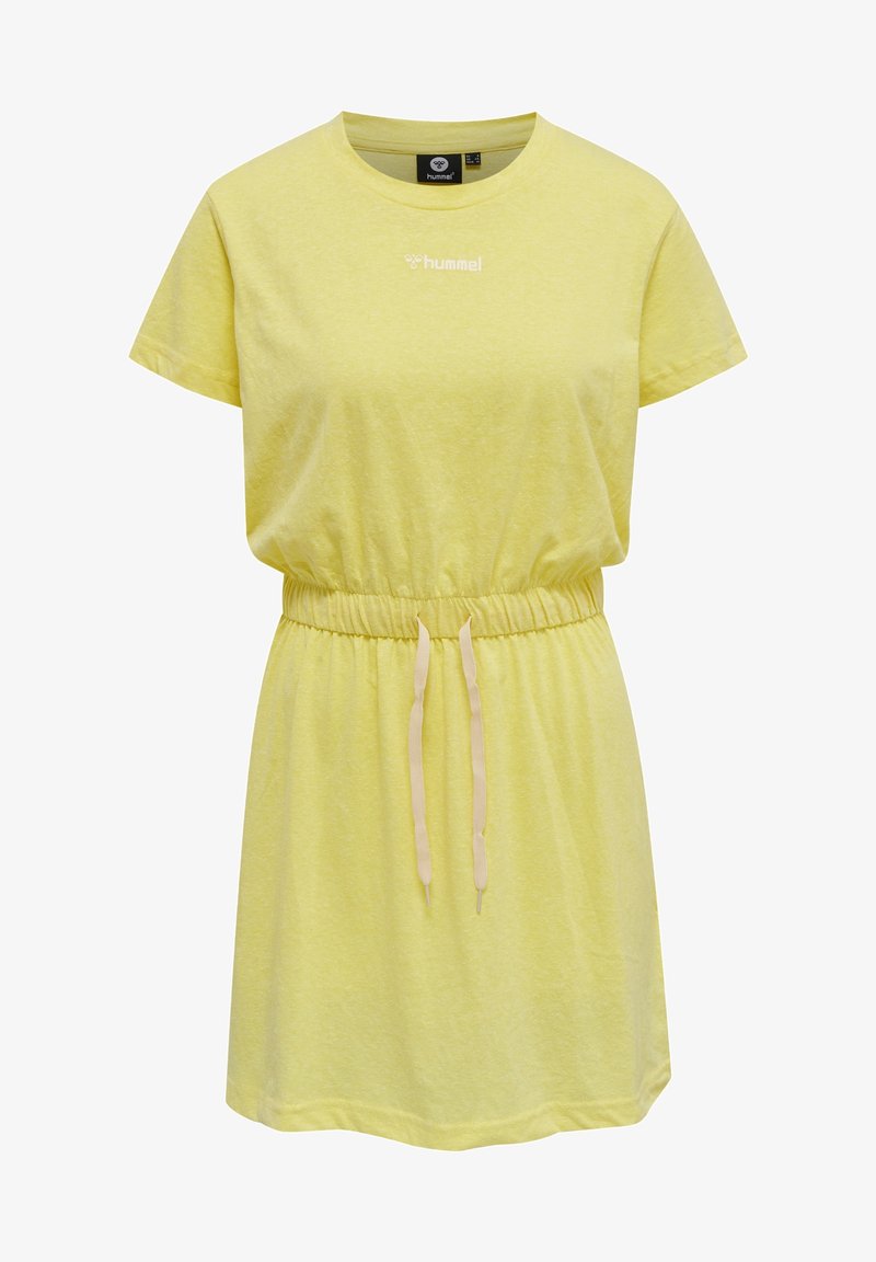 Robe en coton jaune à coupe décontractée, manches courtes, taille élastique et cordon de serrage. Dispose d'un logo discret sur la poitrine.