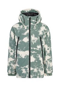 Groene en witte waterdichte jas met een wolkachtig patroon, voorrits, verstelbare capuchon en ritszakken aan de zijkanten. Zachte textuur.