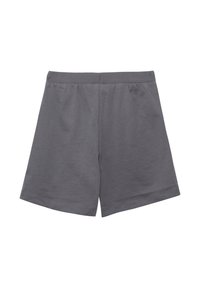 Grijze katoenen shorts met een elastische tailleband, met een gladde textuur en een klassieke rechtlijnige snit, zonder zichtbare patronen of accenten.