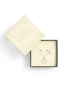 Un ensemble de bijoux en argent dans une boîte beige comporte un pendentif en forme d'étoile avec des strass et deux petites boucles d'oreilles en forme d'étoile. La boîte a des accents dorés.