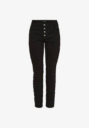 Sorte højtaljede skinny bukser med fire frontknapper, for- og baglommer samt rynkedesign langs benene.