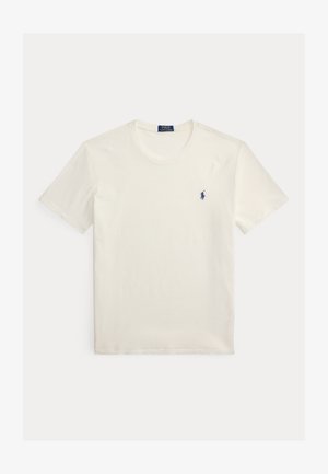 White short-sleeve crew neck t-shirt with small navy blue Polo Ralph Lauren logo embroidered on the left chest.