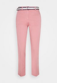 Light pink cotton trousers with a straight fit, featuring a white and navy striped belt, and a silver buckle detail.