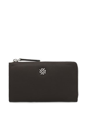 Dark brown leather wallet with a textured finish, featuring a silver logo accent and a zip closure for secure storage. Compact design.