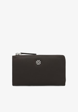 Dark brown leather wallet with a textured finish, featuring a silver logo accent and a zip closure for secure storage. Compact design.