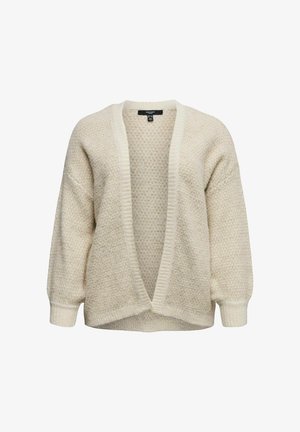 Kreemika värvi kardigan tekstuurse kudumismustriga, avatud esiküljega ja veidi paisutatud varrukatega. Pehme kangas ja soonikservade aktsendid.