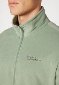 Lichtgroene fleecejack met een hoge kraag, ritssluiting en geborduurd "Jack Wolfskin" logo aan de linkerkant. Glad textuur.