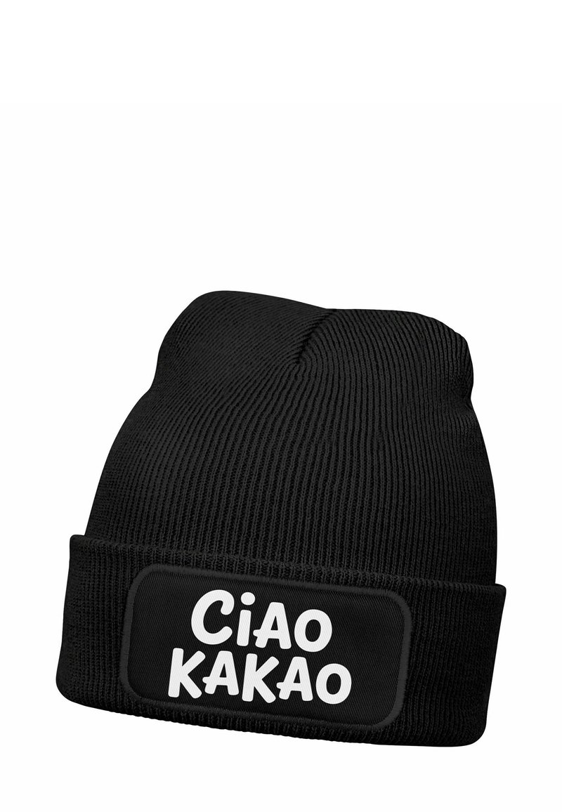Black knit beanie with textured fabric and a folded cuff. Features a rectangular patch with "Ciao Kakao" in bold, white letters.