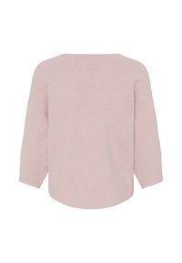 Pull en tricot rose clair à manches longues et col rond, vu de dos sur un fond blanc.