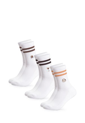 Three pairs of white crew socks with double stripes in brown, dark brown, and orange, each featuring a small coffee cup or cocktail glass icon.