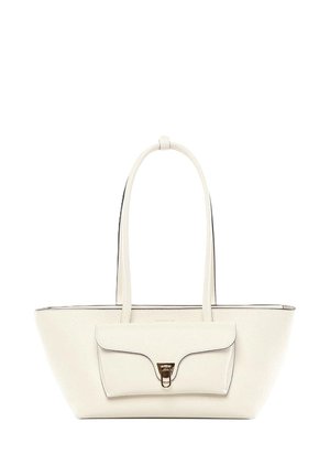 Borsa tote in pelle bianca con manici lunghi e tasca frontale con pattina chiusa da fibbia color oro.