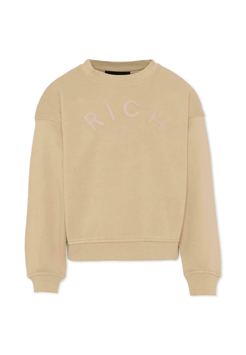 Felpa beige in un materiale morbido con scollatura a girocollo, polsini a costine e una grafica frontale con testo in rilievo "RICH."
