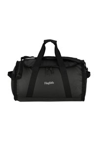 Borsa da viaggio nera realizzata in tessuto resistente, con chiusura a zip, due manici e una tracolla regolabile. Logo del marchio visibile.