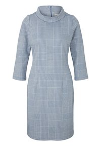 Vestido de cuadros azul con cuello alto y mangas tres cuartos. Confeccionado en una tela texturizada que presenta patrones de cuadrícula y cuadros. Cierre en la espalda con cremallera.
