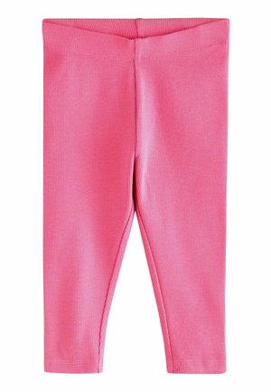 Rosa, gerippte Leggings mit einer passgenauen Form, elastischem Bund und sauberem Saum. Das Material wirkt dehnbar und glatt.