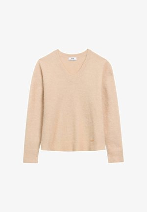 Beżowy sweter w serek, wykonany z miękkiego materiału. Długie rękawy z ściągaczami, lekko luźny krój, z małym logo przy dolnym brzegu.