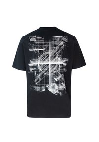 T-shirt in cotone nero con una grafica bianca sul retro, che assomiglia a schemi tecnici con linee, cerchi ed elementi testuali.