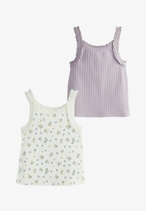 Zwei ärmellose gerippte Tanktops mit Spitzenbesatz; eines in einfarbigem Lavendel, das andere weiß mit blau-gelbem Blumenmuster.