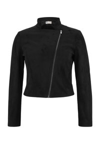 Zwarte faux suede jas met een cropped pasvorm, hoge kraag en asymmetrische ritsluiting. Gladde textuur en lange mouwen.