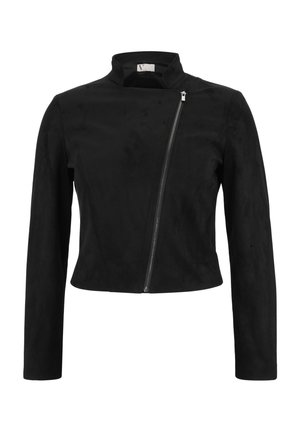 Czarna kurtka z sztucznego zamszu o skróconym kroju, z wysokim kołnierzem i asymetrycznym zapięciem na zamek. Gładka tekstura i długie rękawy.