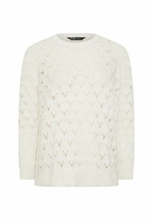 Biały sweter z dzianiny z wzorem w romby, prążkowanymi mankietami i dołem, okrągłym dekoltem oraz detalami w postaci otwartych ściegów.