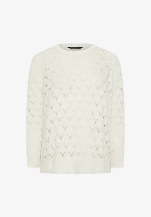 Hvid strikket sweater med diamantmønster, ribbede manchetter og kant, rund halsudskæring samt åbne masker.