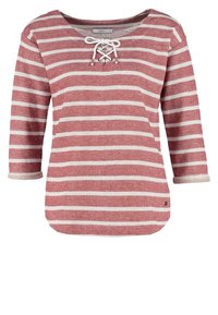 Rood-witte gestreepte langemouwen top met een ronde hals en veterdetails bij de halslijn. Zachte stof met een textuurafwerking.