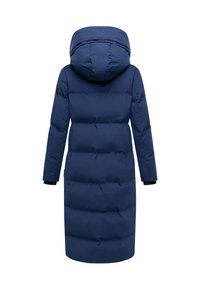 Navy blue padded coat with a high collar and hood. Features long sleeves, elastic cuffs, and a mid-length design. Smooth, textured fabric.