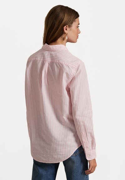 Camicia a righe rosa con colletto e maniche lunghe, caratterizzata da un orlo curvo e realizzata in cotone. Vista posteriore mostrata.